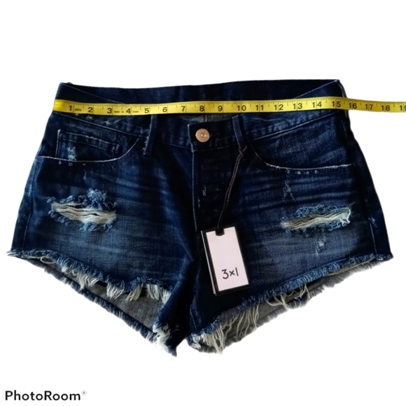 NEW 3X1 Women's Raw Hem  Distressed Dark Blue Jean Shorts Size 28 New - Picture 9 of 14